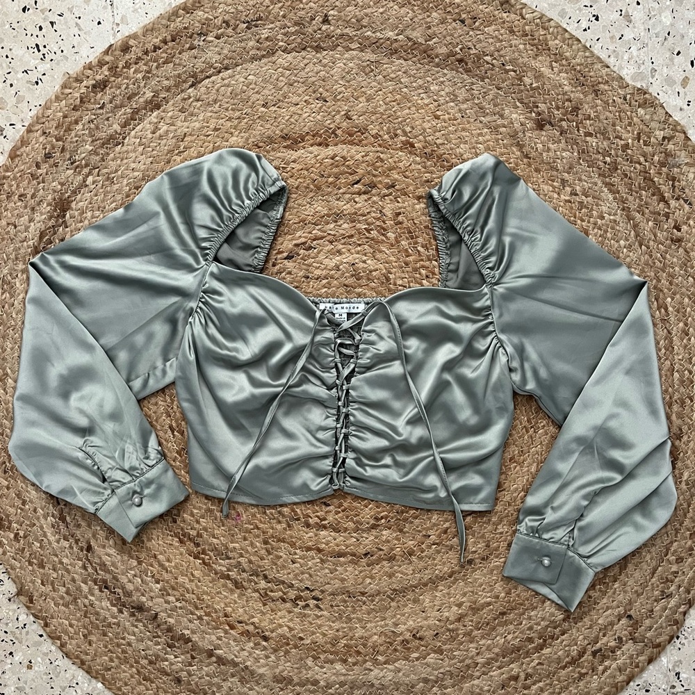 Sage Satin Cropped Top with Long Puff Sleeves and Self Tie Front. Size medium.
